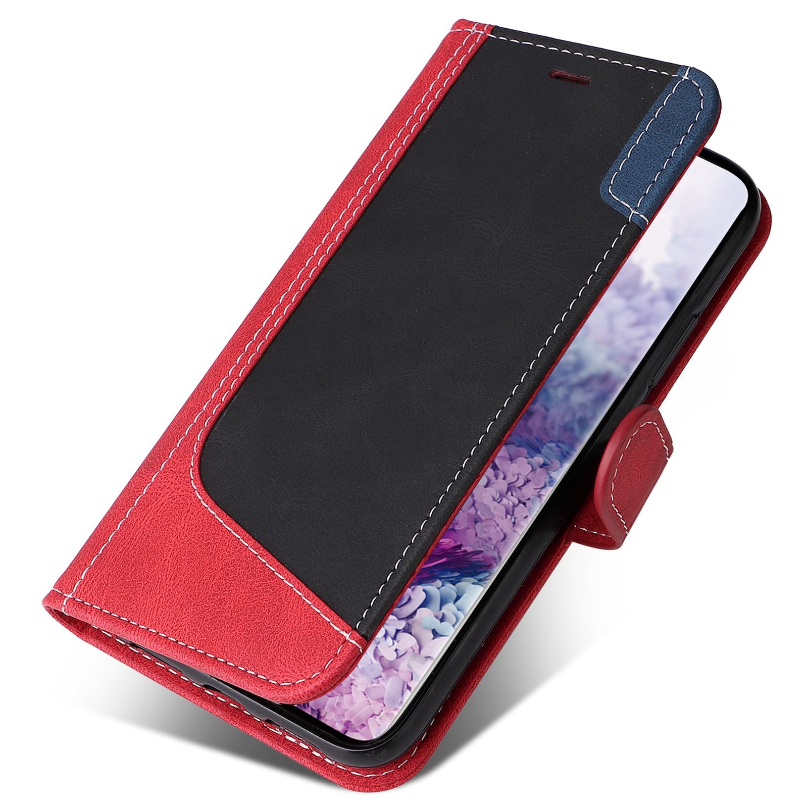 For Samsung Galaxy S20 5G/4G Anti-fingerprint Wallet Stand Anti-drop Three-color Splicing Style PU Leather Phone Case - Red