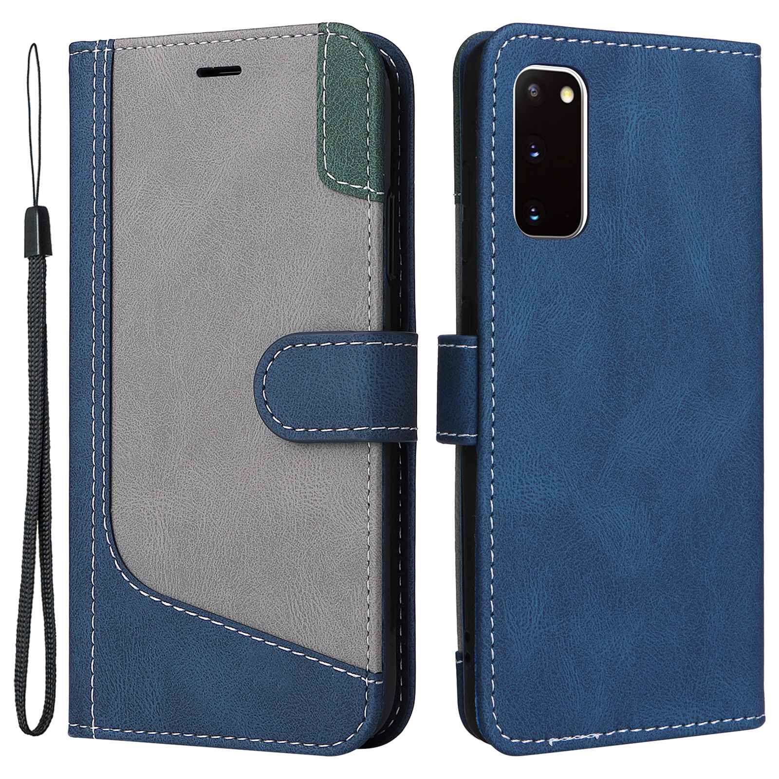 For Samsung Galaxy S20 5G/4G Anti-fingerprint Wallet Stand Anti-drop Three-color Splicing Style PU Leather Phone Case - Blue