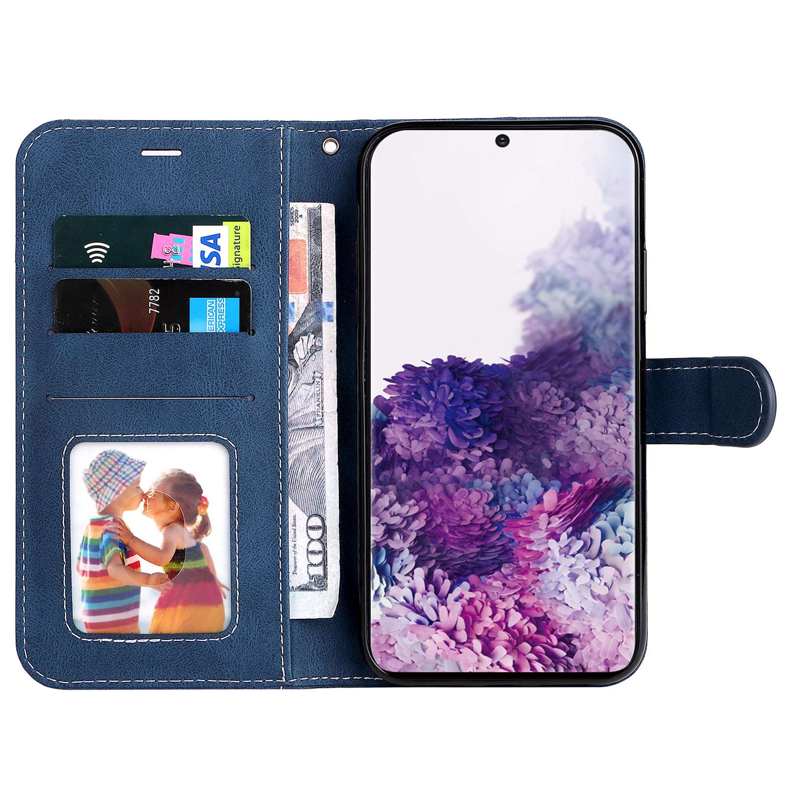 For Samsung Galaxy S20 5G/4G Anti-fingerprint Wallet Stand Anti-drop Three-color Splicing Style PU Leather Phone Case - Blue