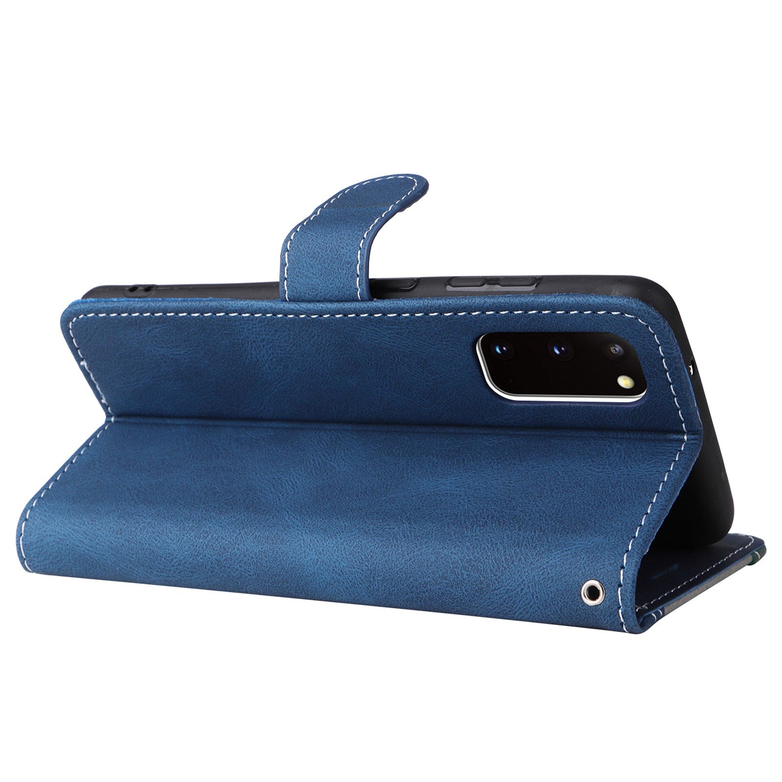 For Samsung Galaxy S20 5G/4G Anti-fingerprint Wallet Stand Anti-drop Three-color Splicing Style PU Leather Phone Case - Blue