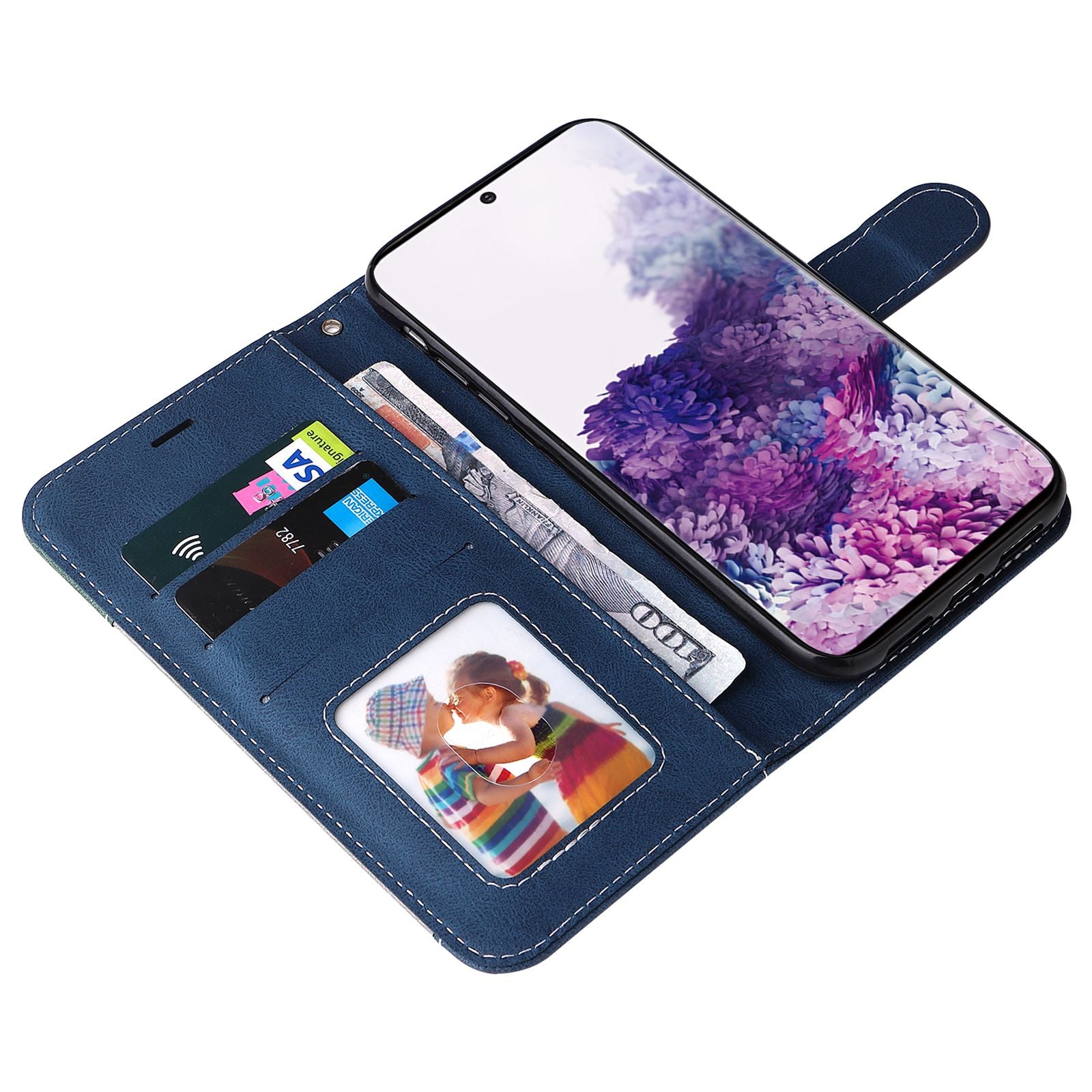 For Samsung Galaxy S20 5G/4G Anti-fingerprint Wallet Stand Anti-drop Three-color Splicing Style PU Leather Phone Case - Blue