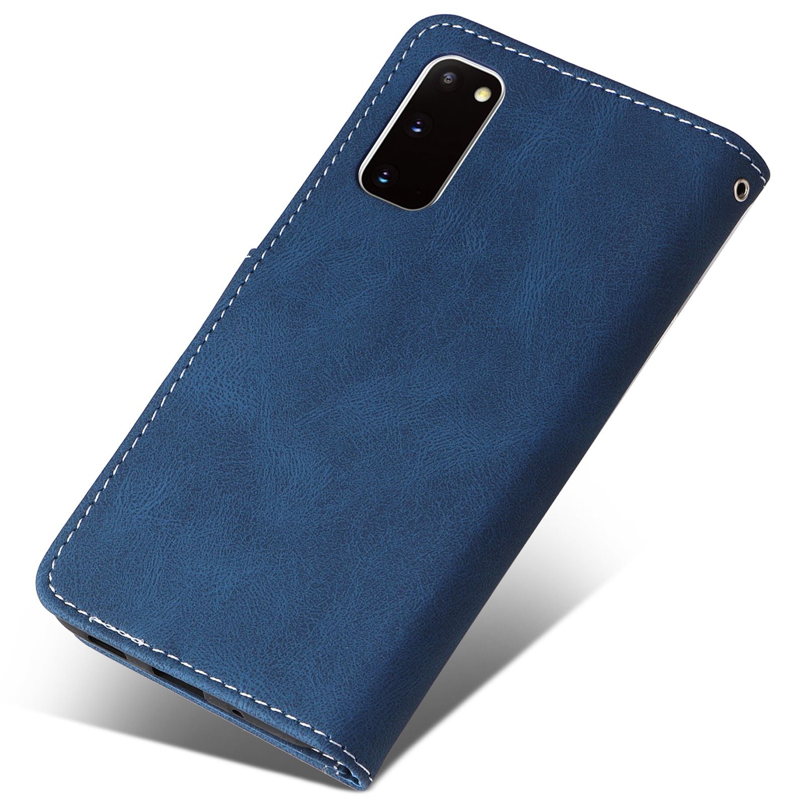 For Samsung Galaxy S20 5G/4G Anti-fingerprint Wallet Stand Anti-drop Three-color Splicing Style PU Leather Phone Case - Blue