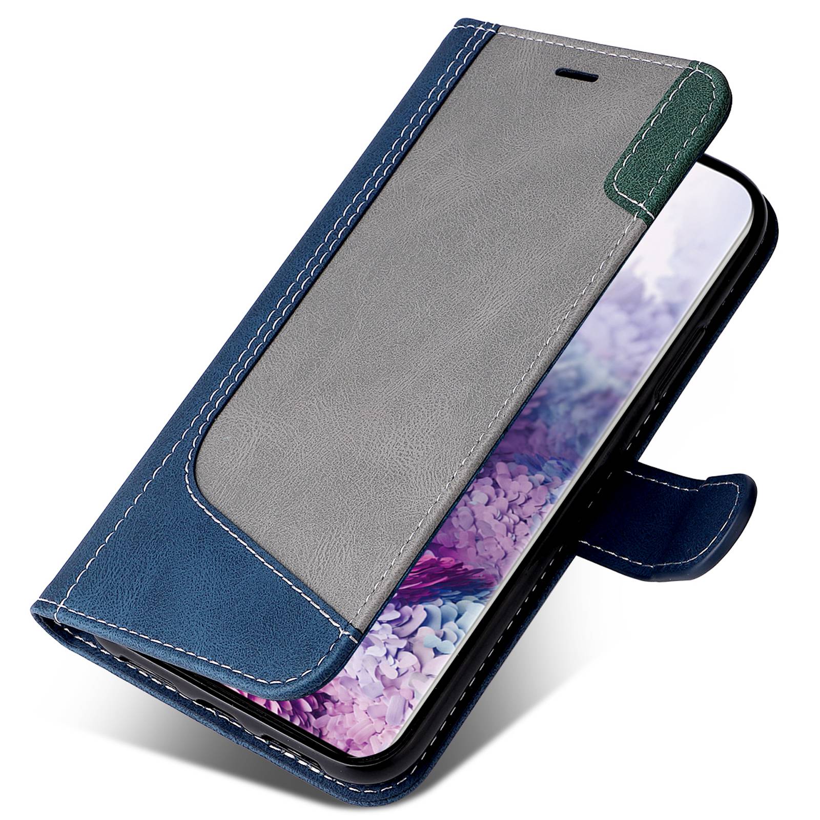 For Samsung Galaxy S20 5G/4G Anti-fingerprint Wallet Stand Anti-drop Three-color Splicing Style PU Leather Phone Case - Blue