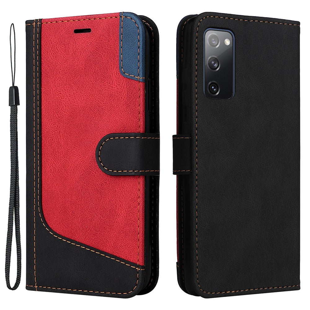 For Samsung Galaxy S20 FE 2022/S20 FE 4G/5G/S20 Lite Anti-scratch Phone Case Three-color Splicing PU Leather Wallet Phone Drop-proof Well Protection Flip Cover Stand with Strap - Black