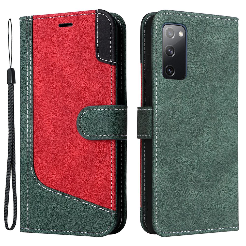 For Samsung Galaxy S20 FE 2022/S20 FE 4G/5G/S20 Lite Anti-scratch Phone Case Three-color Splicing PU Leather Wallet Phone Drop-proof Well Protection Flip Cover Stand with Strap - Green