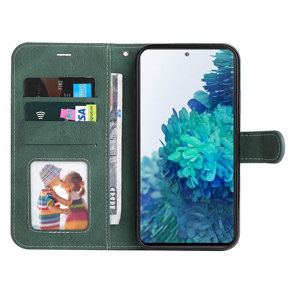 For Samsung Galaxy S20 FE 2022/S20 FE 4G/5G/S20 Lite Anti-scratch Phone Case Three-color Splicing PU Leather Wallet Phone Drop-proof Well Protection Flip Cover Stand with Strap - Green