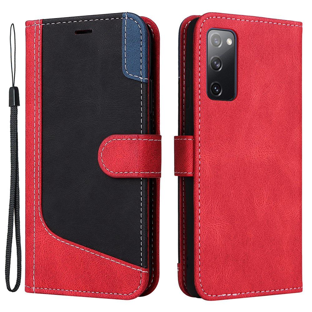 For Samsung Galaxy S20 FE 2022/S20 FE 4G/5G/S20 Lite Anti-scratch Phone Case Three-color Splicing PU Leather Wallet Phone Drop-proof Well Protection Flip Cover Stand with Strap - Red