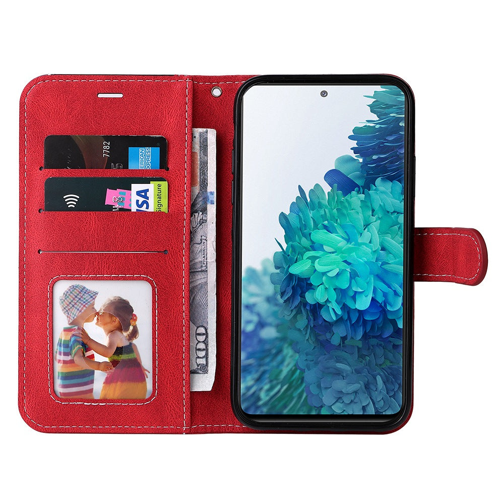 For Samsung Galaxy S20 FE 2022/S20 FE 4G/5G/S20 Lite Anti-scratch Phone Case Three-color Splicing PU Leather Wallet Phone Drop-proof Well Protection Flip Cover Stand with Strap - Red