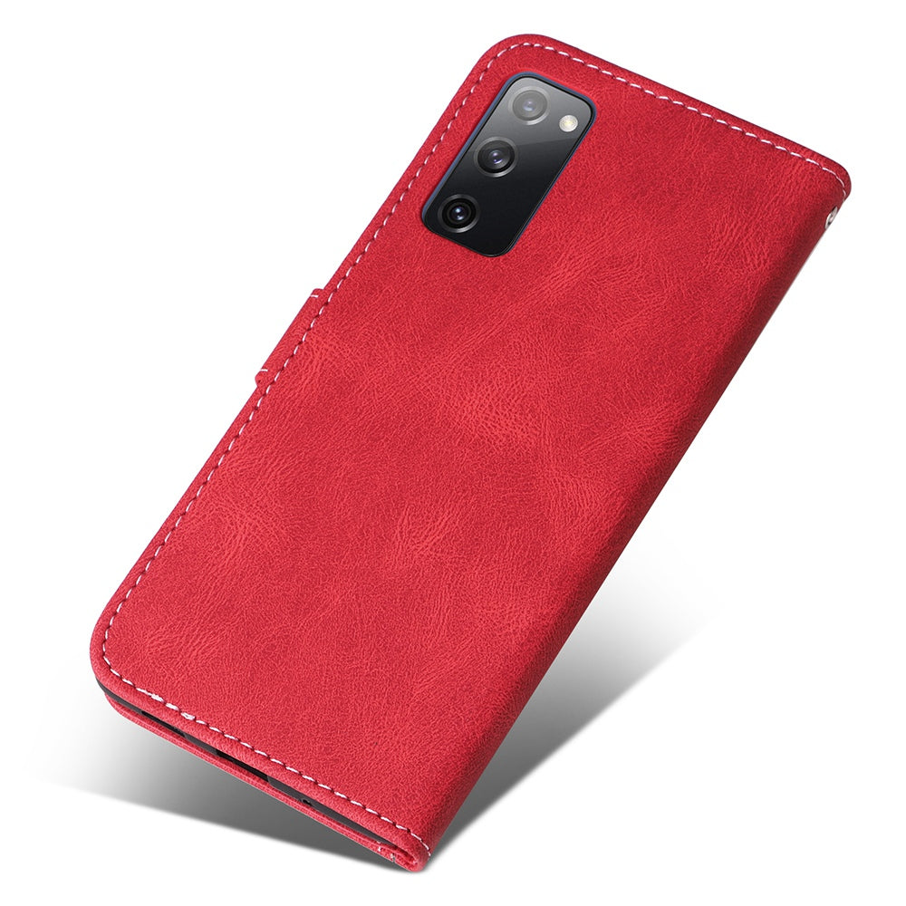 For Samsung Galaxy S20 FE 2022/S20 FE 4G/5G/S20 Lite Anti-scratch Phone Case Three-color Splicing PU Leather Wallet Phone Drop-proof Well Protection Flip Cover Stand with Strap - Red