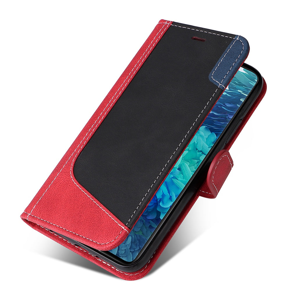 For Samsung Galaxy S20 FE 2022/S20 FE 4G/5G/S20 Lite Anti-scratch Phone Case Three-color Splicing PU Leather Wallet Phone Drop-proof Well Protection Flip Cover Stand with Strap - Red