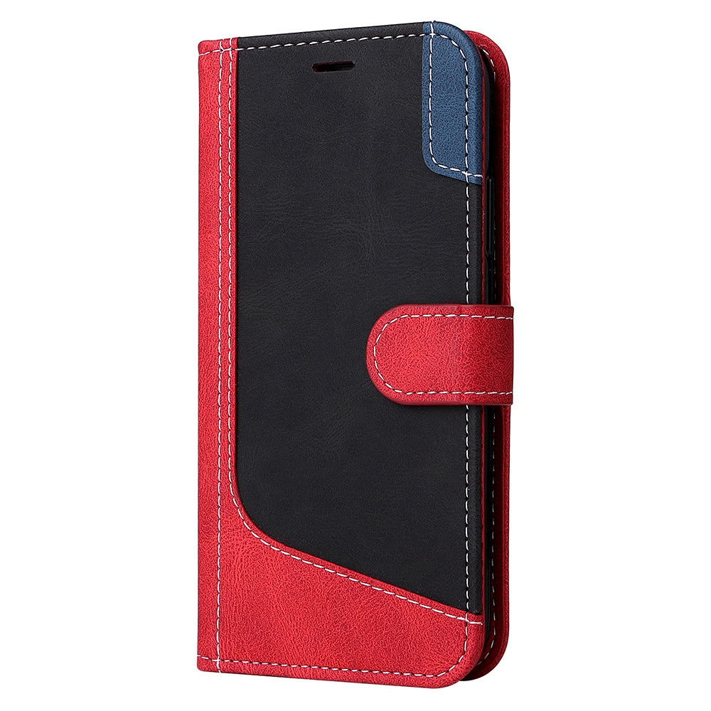 For Samsung Galaxy S20 FE 2022/S20 FE 4G/5G/S20 Lite Anti-scratch Phone Case Three-color Splicing PU Leather Wallet Phone Drop-proof Well Protection Flip Cover Stand with Strap - Red