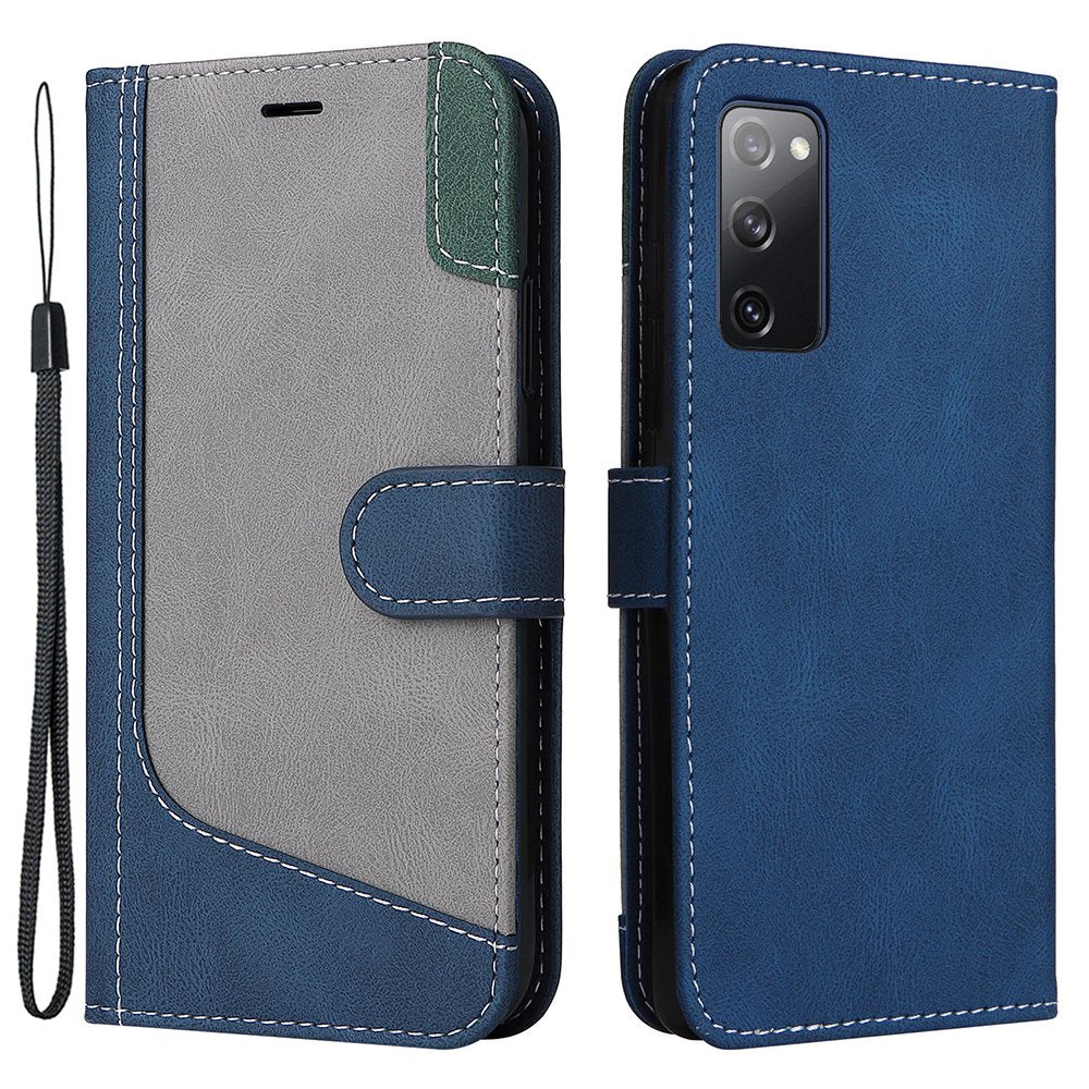 For Samsung Galaxy S20 FE 2022/S20 FE 4G/5G/S20 Lite Anti-scratch Phone Case Three-color Splicing PU Leather Wallet Phone Drop-proof Well Protection Flip Cover Stand with Strap - Blue