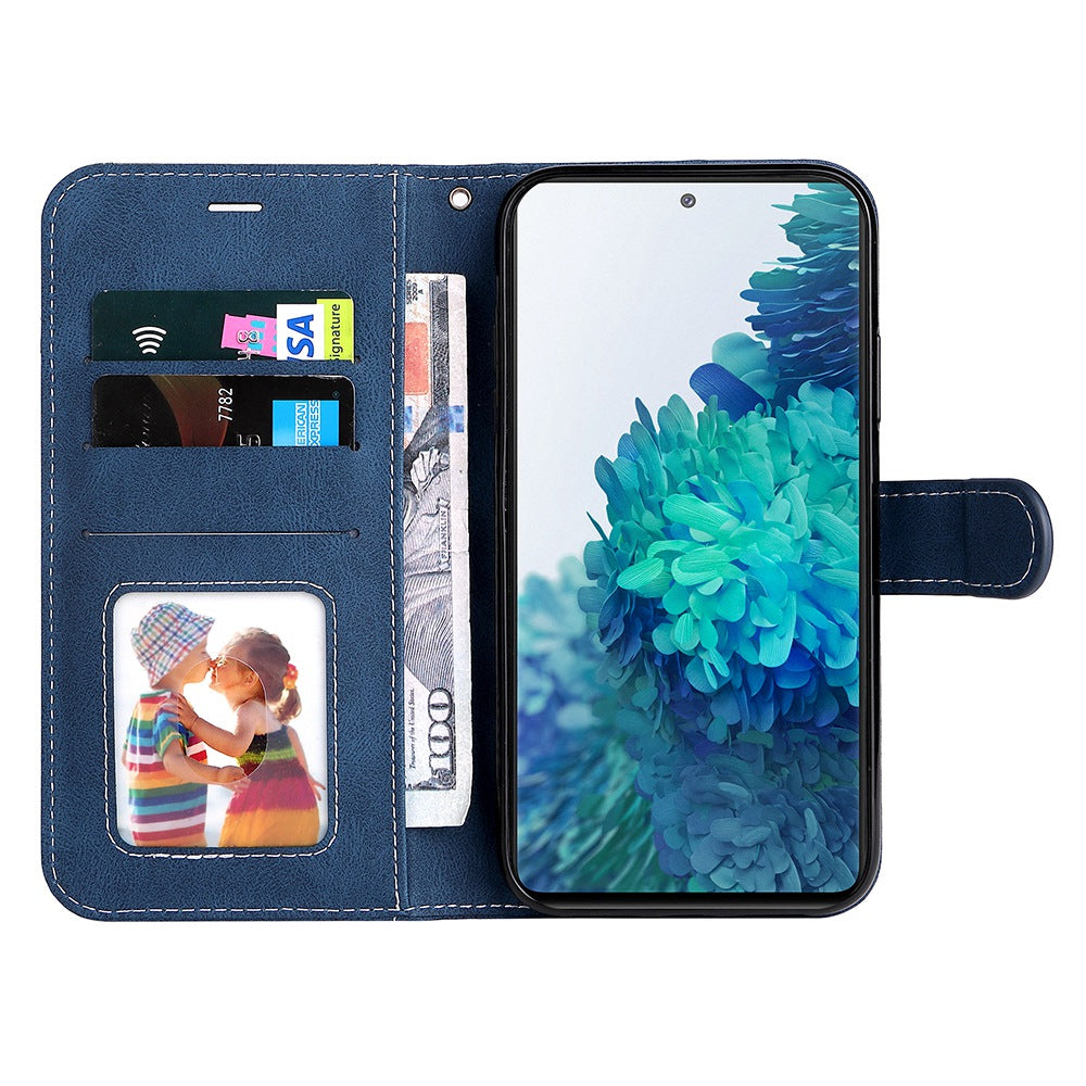 For Samsung Galaxy S20 FE 2022/S20 FE 4G/5G/S20 Lite Anti-scratch Phone Case Three-color Splicing PU Leather Wallet Phone Drop-proof Well Protection Flip Cover Stand with Strap - Blue