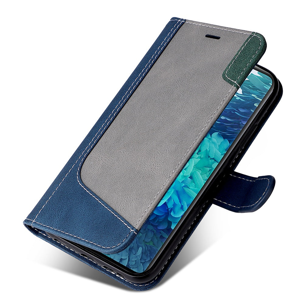 For Samsung Galaxy S20 FE 2022/S20 FE 4G/5G/S20 Lite Anti-scratch Phone Case Three-color Splicing PU Leather Wallet Phone Drop-proof Well Protection Flip Cover Stand with Strap - Blue