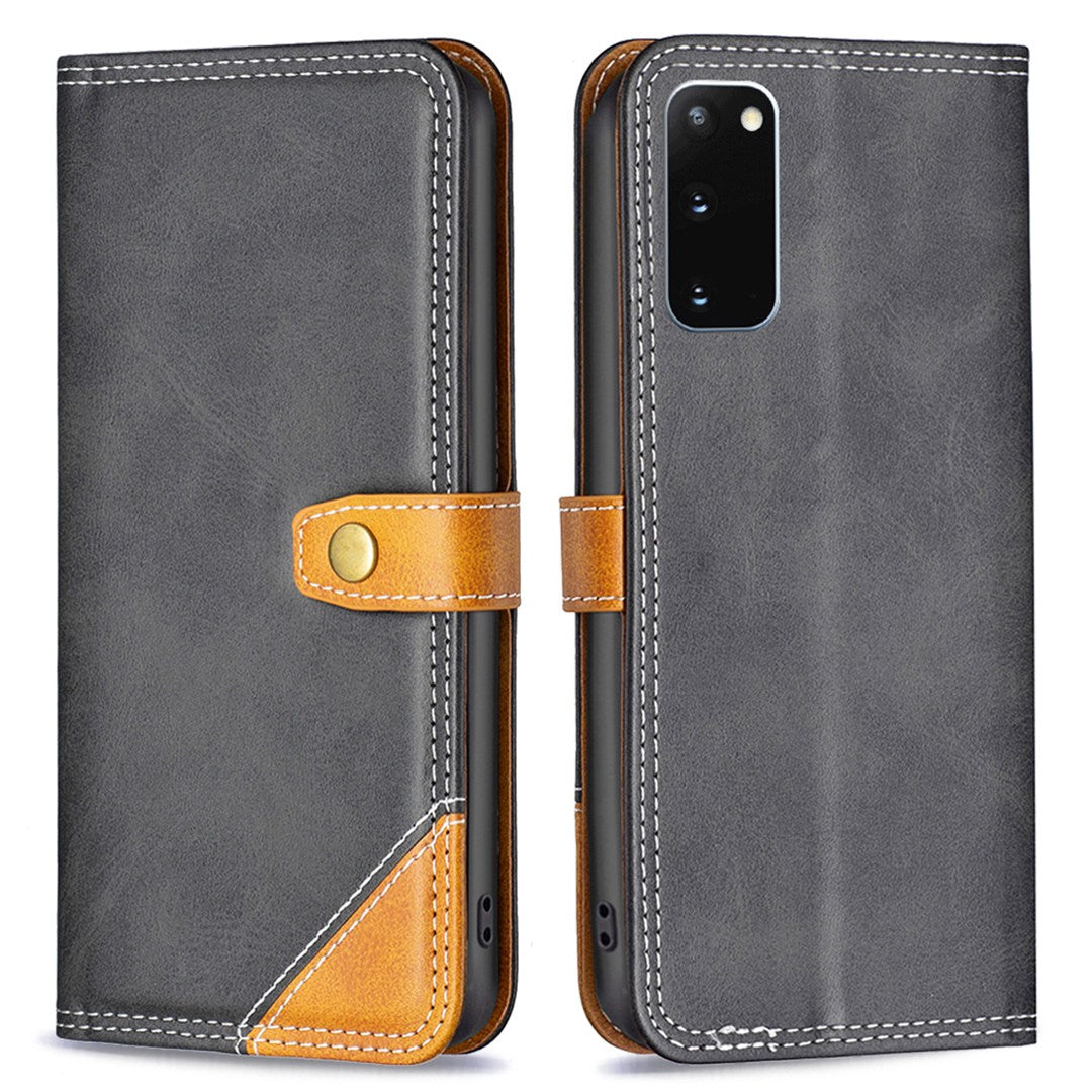 BINFEN COLOR BF Leather Series-8 for Samsung Galaxy S20 4G/5G Anti-drop Phone Case Double Stitching Lines Splicing Leather Card Holder Stand Cover - Black