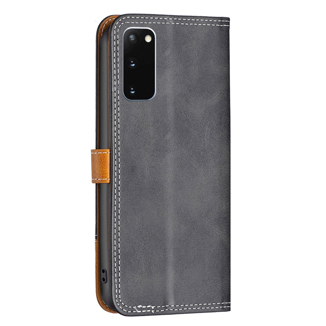 BINFEN COLOR BF Leather Series-8 for Samsung Galaxy S20 4G/5G Anti-drop Phone Case Double Stitching Lines Splicing Leather Card Holder Stand Cover - Black