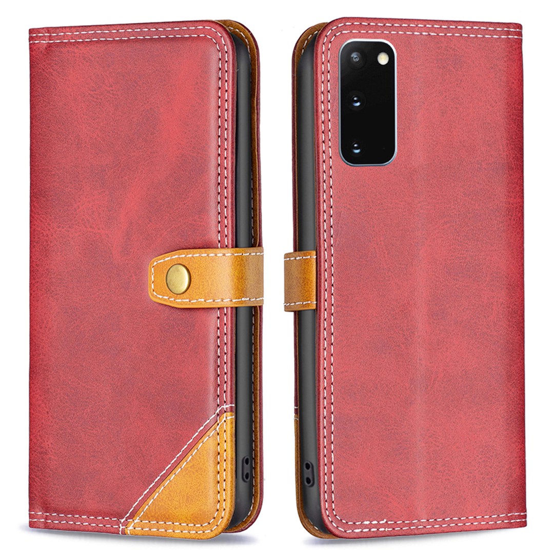 BINFEN COLOR BF Leather Series-8 for Samsung Galaxy S20 4G/5G Anti-drop Phone Case Double Stitching Lines Splicing Leather Card Holder Stand Cover - Red