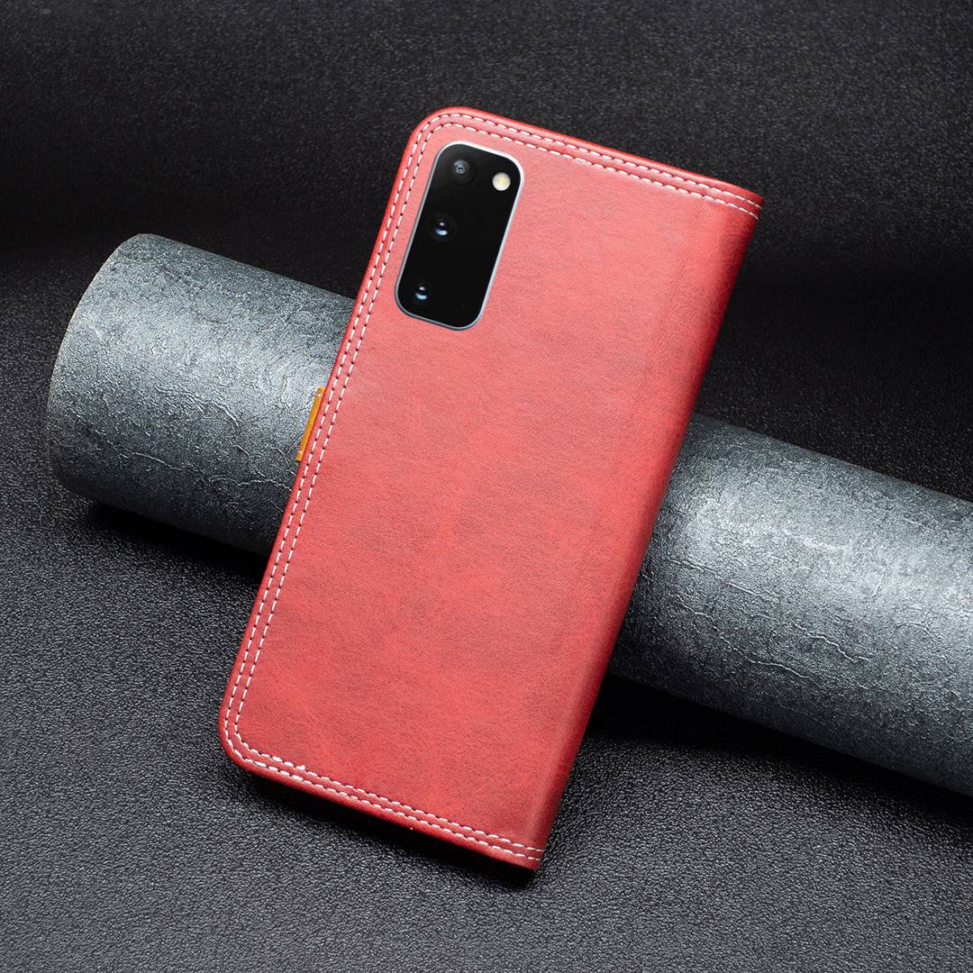 BINFEN COLOR BF Leather Series-8 for Samsung Galaxy S20 4G/5G Anti-drop Phone Case Double Stitching Lines Splicing Leather Card Holder Stand Cover - Red