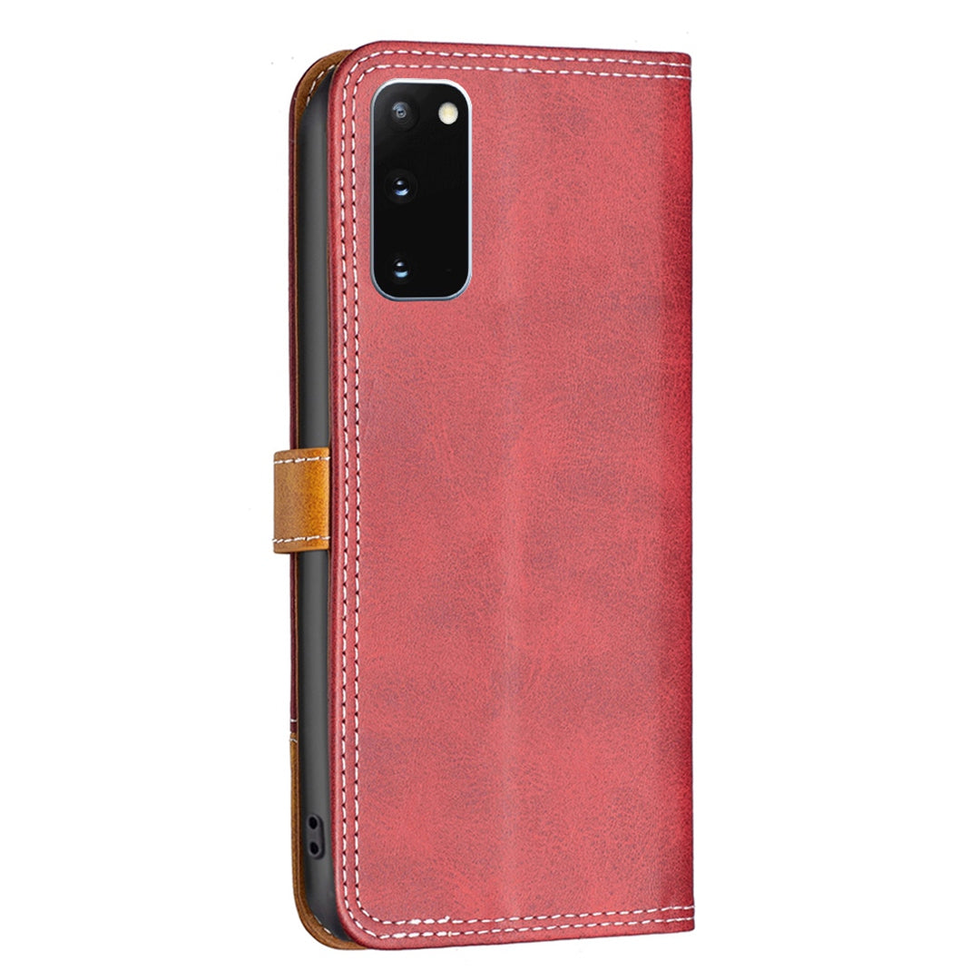 BINFEN COLOR BF Leather Series-8 for Samsung Galaxy S20 4G/5G Anti-drop Phone Case Double Stitching Lines Splicing Leather Card Holder Stand Cover - Red