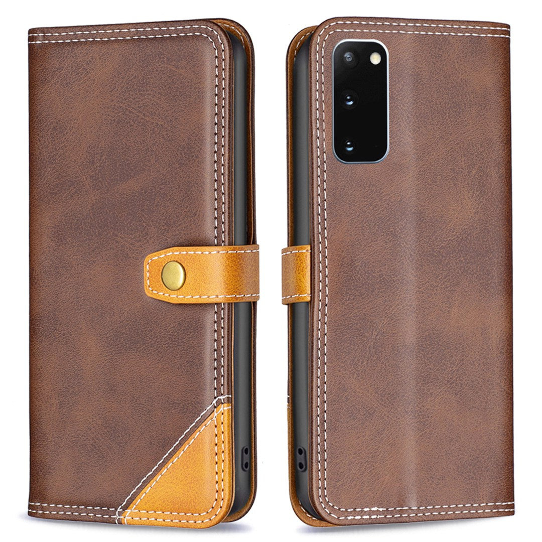 BINFEN COLOR BF Leather Series-8 for Samsung Galaxy S20 4G/5G Anti-drop Phone Case Double Stitching Lines Splicing Leather Card Holder Stand Cover - Coffee