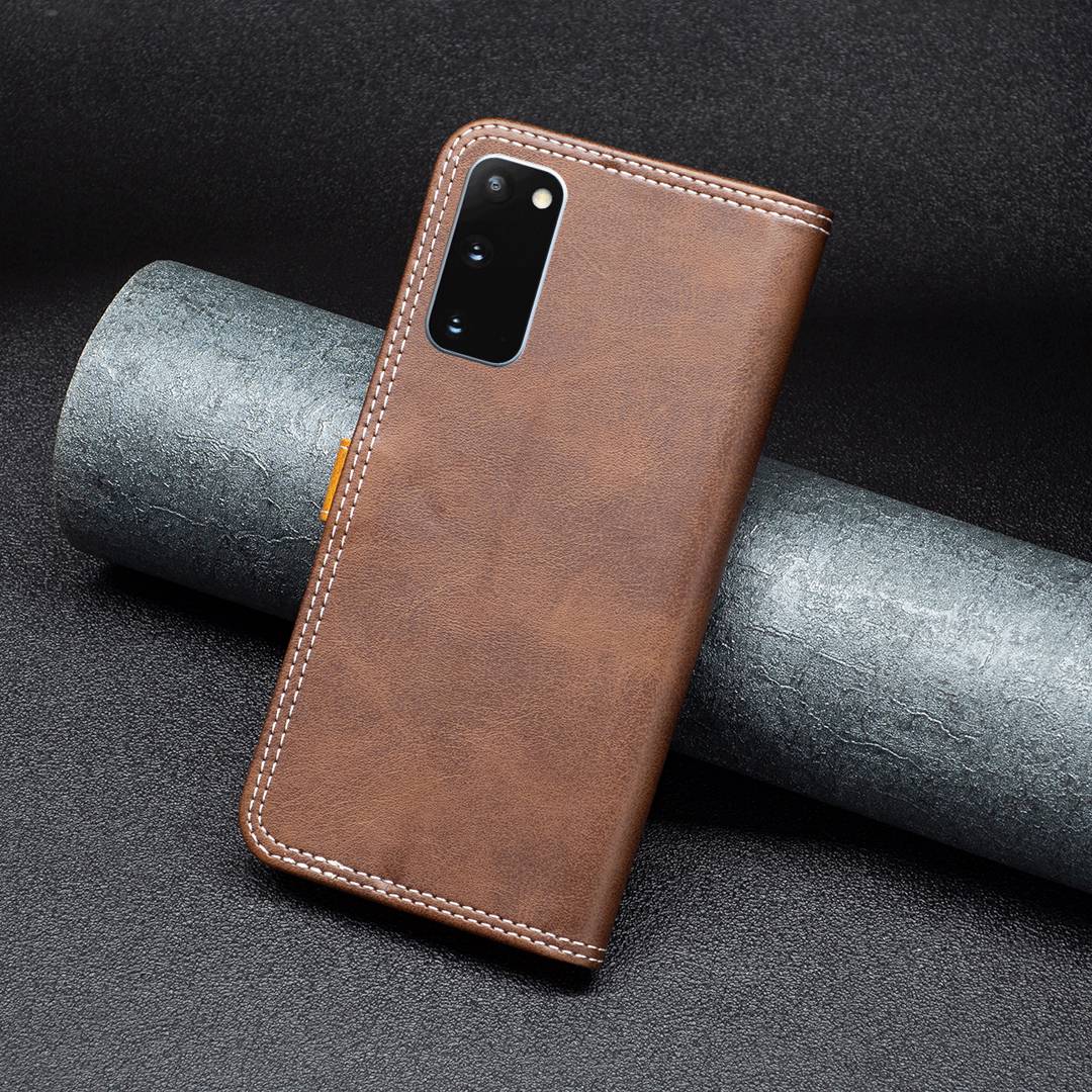 BINFEN COLOR BF Leather Series-8 for Samsung Galaxy S20 4G/5G Anti-drop Phone Case Double Stitching Lines Splicing Leather Card Holder Stand Cover - Coffee