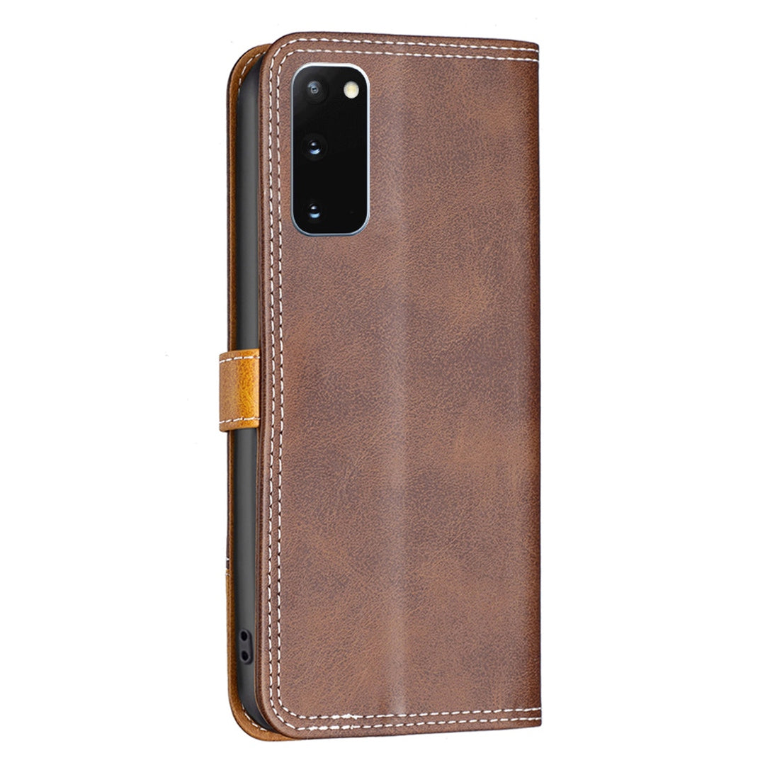 BINFEN COLOR BF Leather Series-8 for Samsung Galaxy S20 4G/5G Anti-drop Phone Case Double Stitching Lines Splicing Leather Card Holder Stand Cover - Coffee