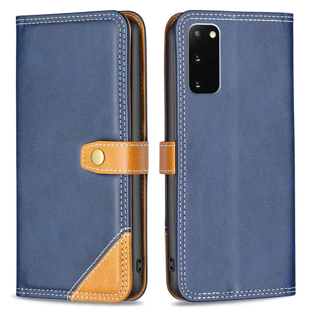 BINFEN COLOR BF Leather Series-8 for Samsung Galaxy S20 4G/5G Anti-drop Phone Case Double Stitching Lines Splicing Leather Card Holder Stand Cover - Blue