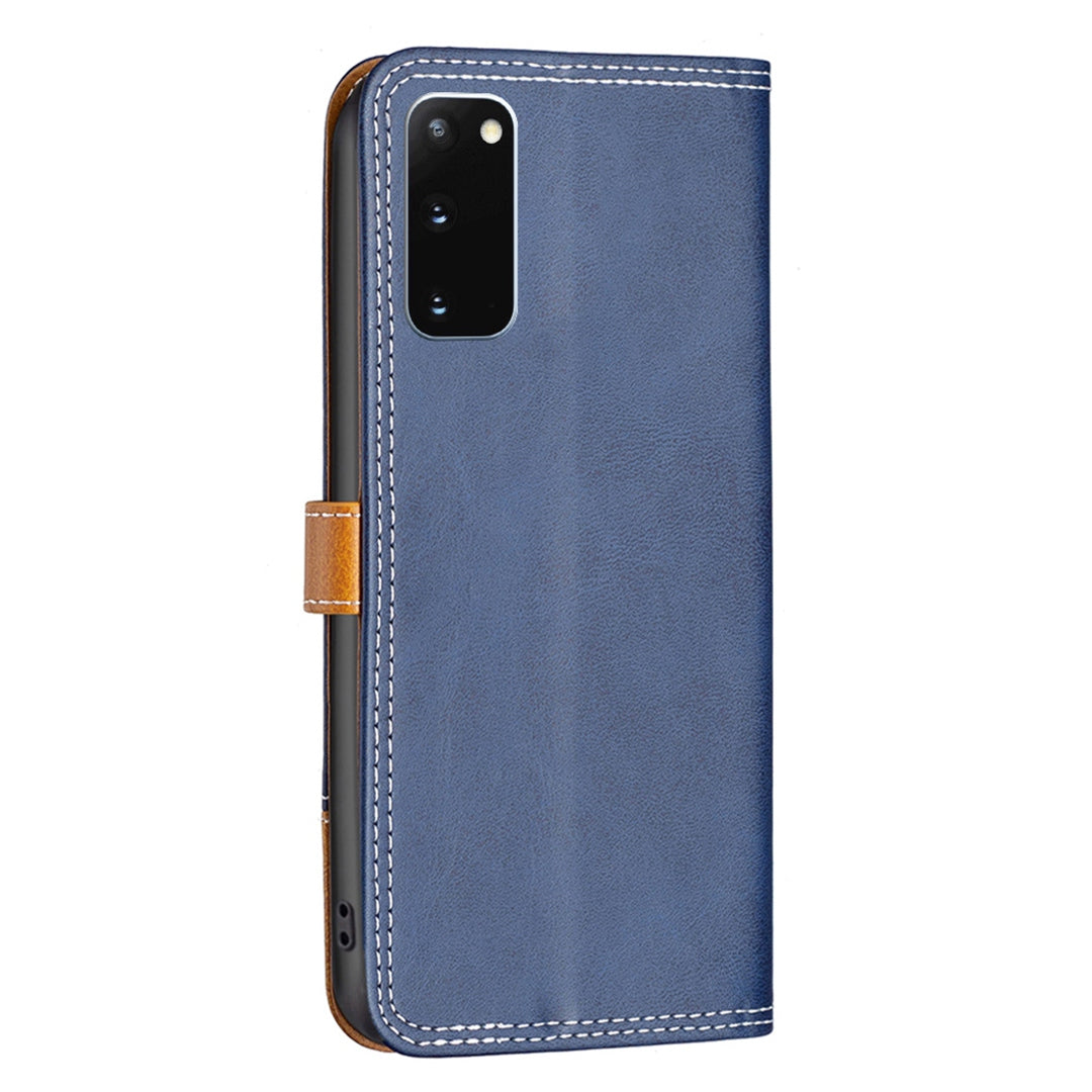 BINFEN COLOR BF Leather Series-8 for Samsung Galaxy S20 4G/5G Anti-drop Phone Case Double Stitching Lines Splicing Leather Card Holder Stand Cover - Blue