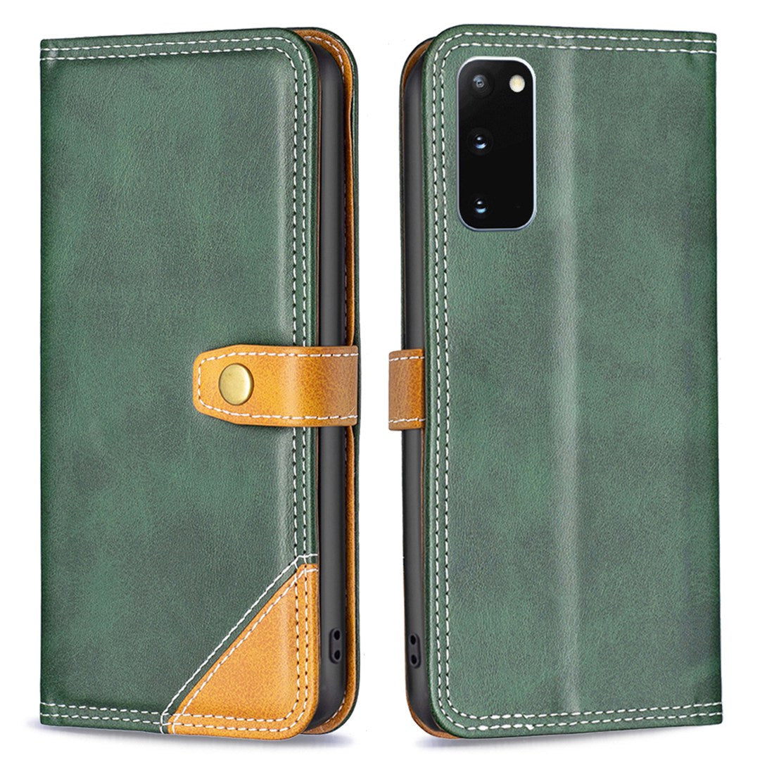 BINFEN COLOR BF Leather Series-8 for Samsung Galaxy S20 4G/5G Anti-drop Phone Case Double Stitching Lines Splicing Leather Card Holder Stand Cover - Green