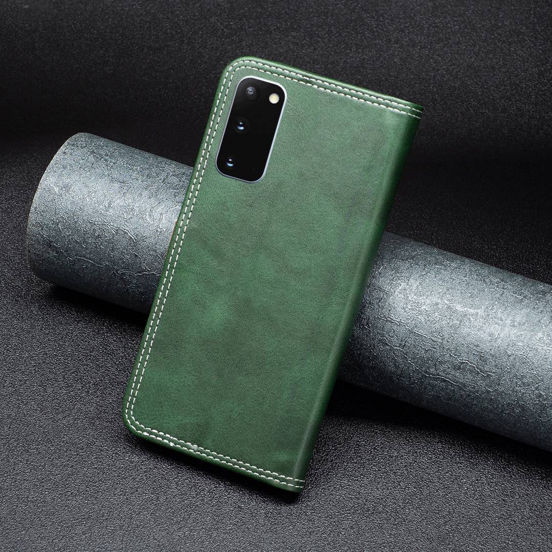 BINFEN COLOR BF Leather Series-8 for Samsung Galaxy S20 4G/5G Anti-drop Phone Case Double Stitching Lines Splicing Leather Card Holder Stand Cover - Green