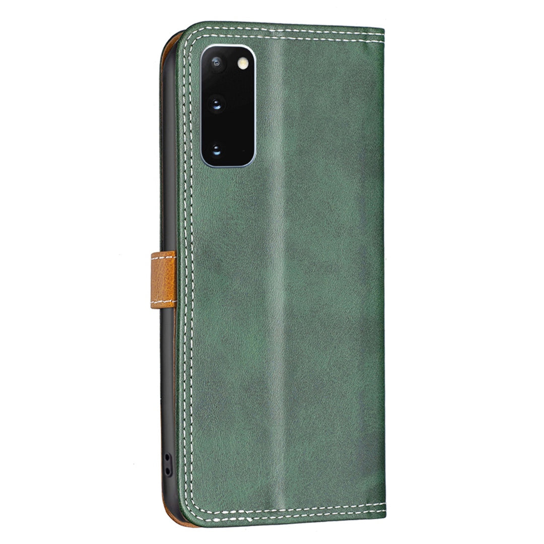 BINFEN COLOR BF Leather Series-8 for Samsung Galaxy S20 4G/5G Anti-drop Phone Case Double Stitching Lines Splicing Leather Card Holder Stand Cover - Green