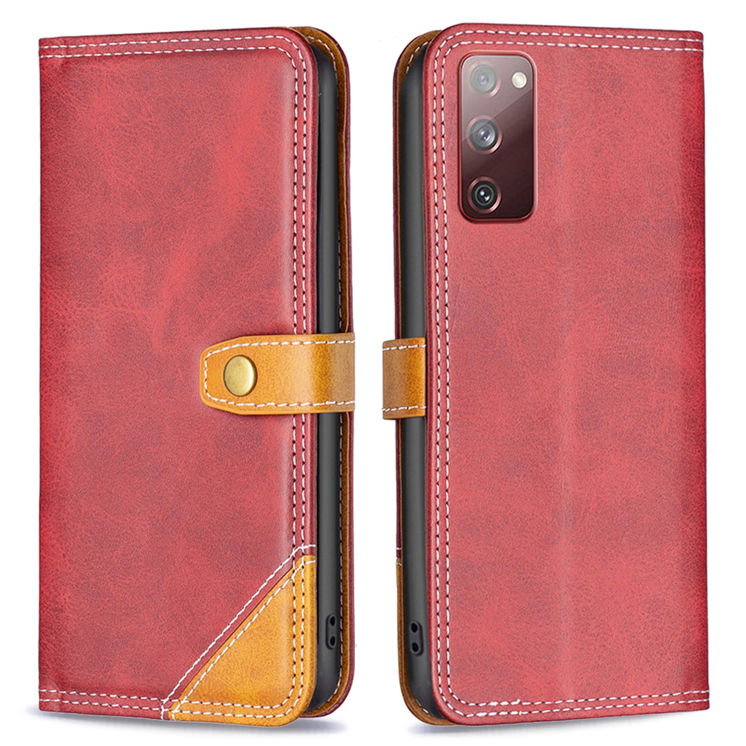 BINFEN COLOR BF Leather Series-8 for Samsung Galaxy S20 FE/S20 FE 5G/S20 FE 2022/S20 Lite Phone Case 12 Style Double Stitching Lines Splicing Leather Precise Cutouts Phone Stand Cover - Red