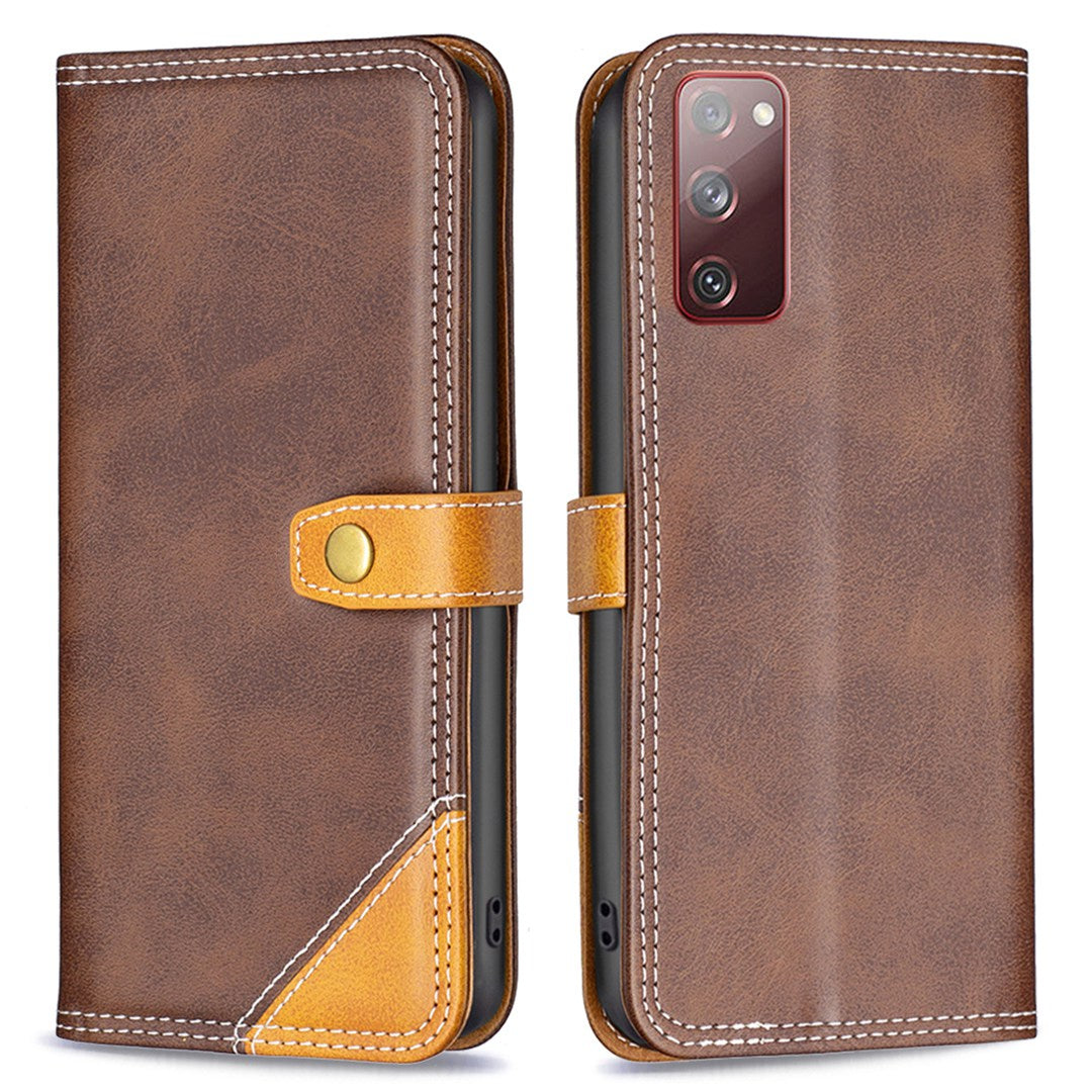 BINFEN COLOR BF Leather Series-8 for Samsung Galaxy S20 FE/S20 FE 5G/S20 FE 2022/S20 Lite Phone Case 12 Style Double Stitching Lines Splicing Leather Precise Cutouts Phone Stand Cover - Coffee