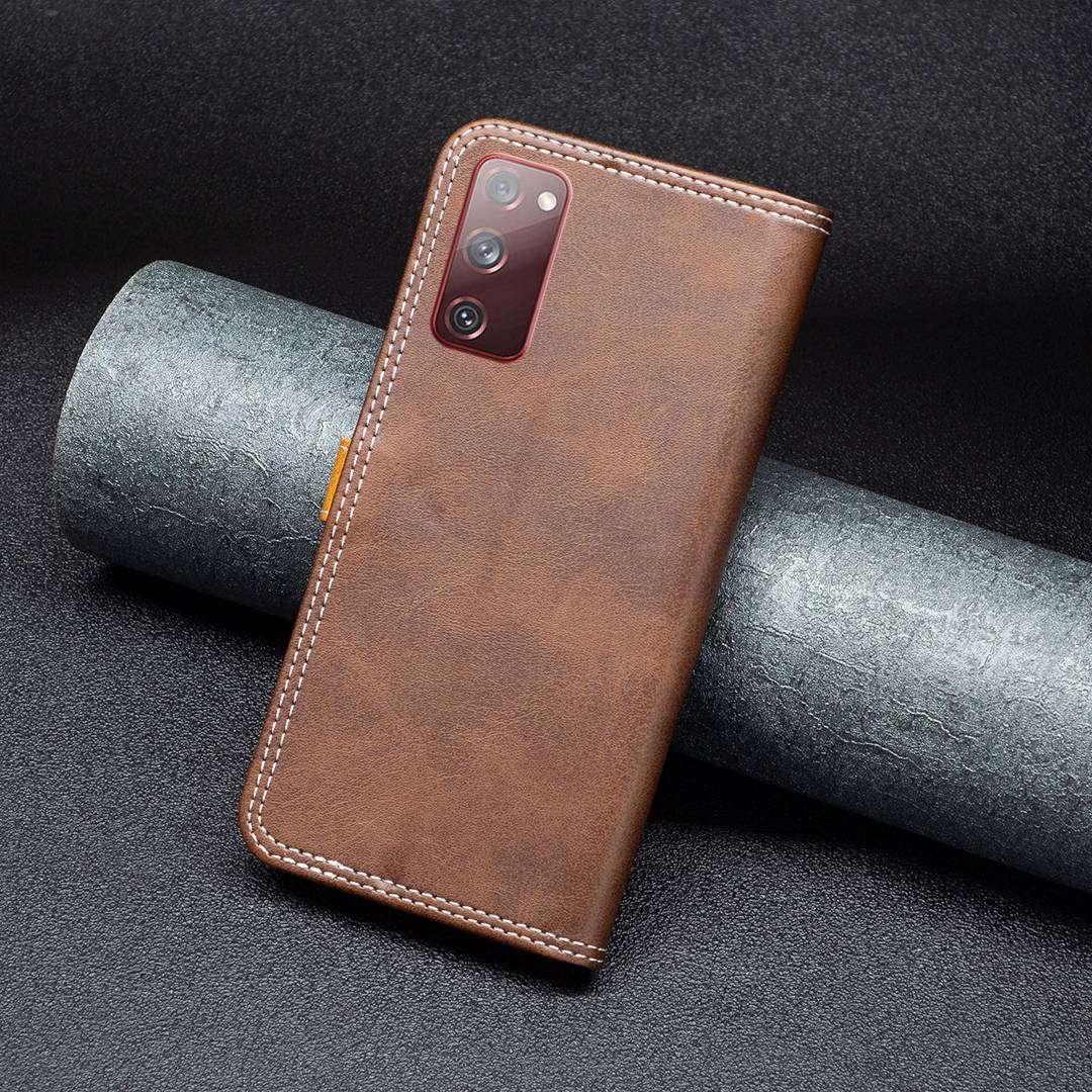 BINFEN COLOR BF Leather Series-8 for Samsung Galaxy S20 FE/S20 FE 5G/S20 FE 2022/S20 Lite Phone Case 12 Style Double Stitching Lines Splicing Leather Precise Cutouts Phone Stand Cover - Coffee