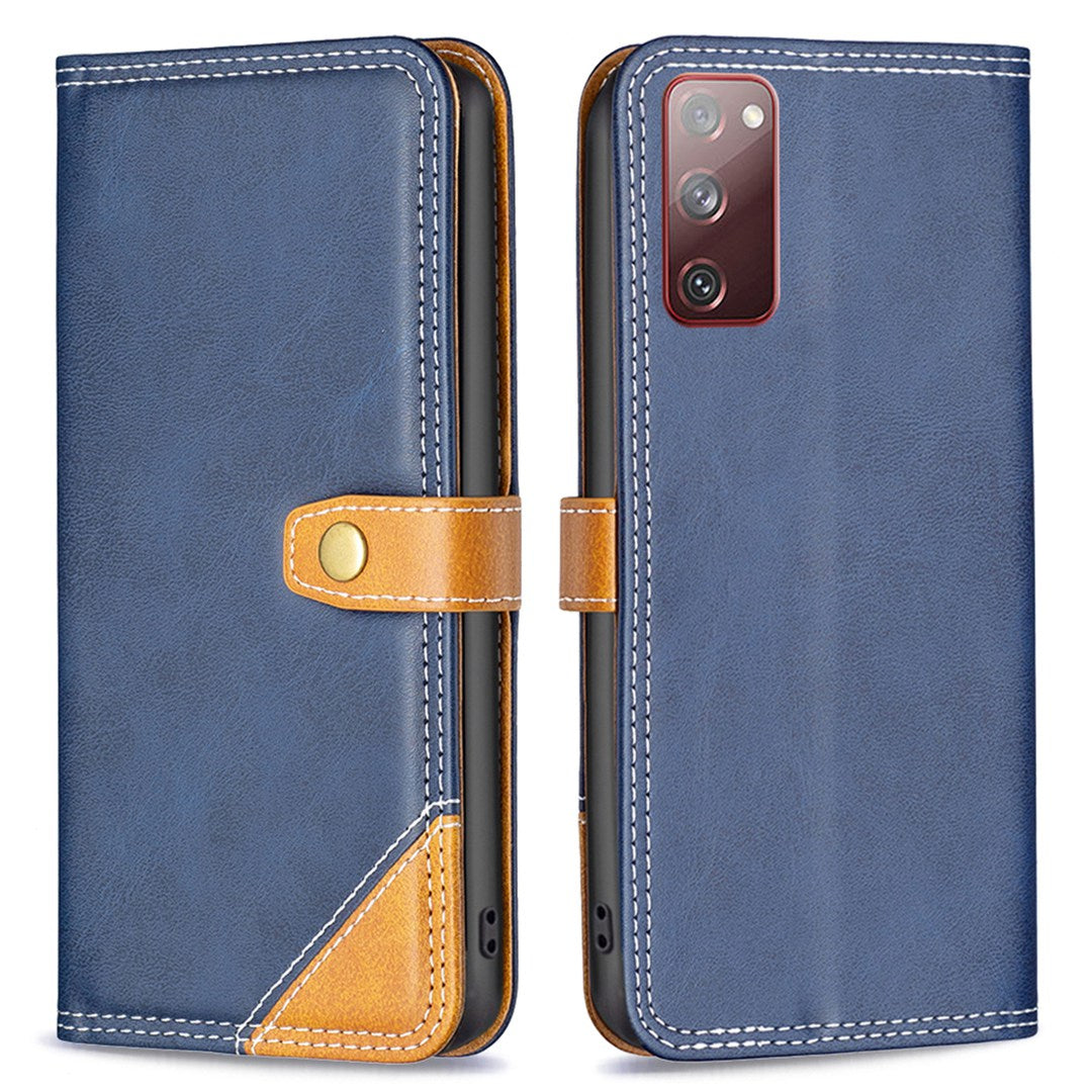 BINFEN COLOR BF Leather Series-8 for Samsung Galaxy S20 FE/S20 FE 5G/S20 FE 2022/S20 Lite Phone Case 12 Style Double Stitching Lines Splicing Leather Precise Cutouts Phone Stand Cover - Blue