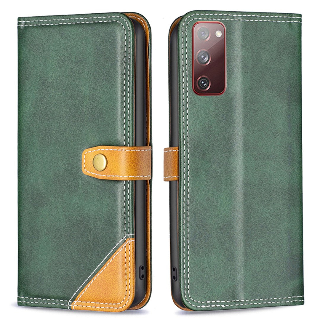 BINFEN COLOR BF Leather Series-8 for Samsung Galaxy S20 FE/S20 FE 5G/S20 FE 2022/S20 Lite Phone Case 12 Style Double Stitching Lines Splicing Leather Precise Cutouts Phone Stand Cover - Green