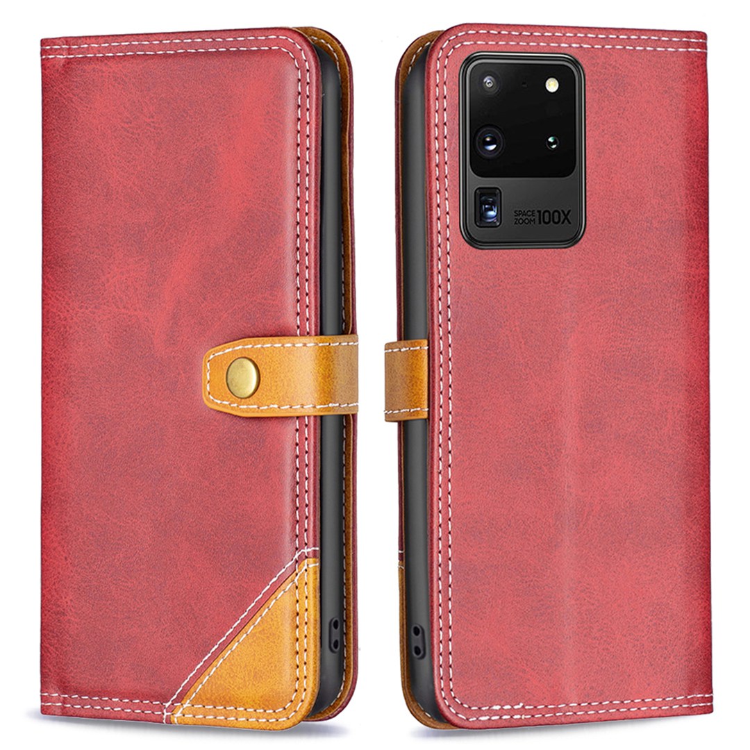 BINFEN COLOR BF Leather Series-8 for Samsung Galaxy S20 Ultra 12 Style Double Stitching Lines Splicing Leather Phone Case Card Holder Stand Anti-wear Cover - Red