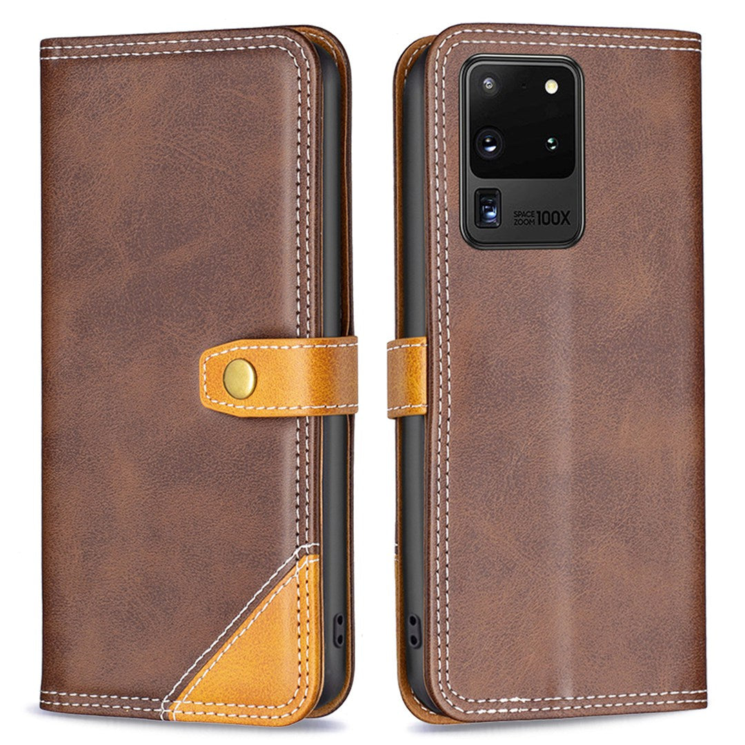 BINFEN COLOR BF Leather Series-8 for Samsung Galaxy S20 Ultra 12 Style Double Stitching Lines Splicing Leather Phone Case Card Holder Stand Anti-wear Cover - Coffee