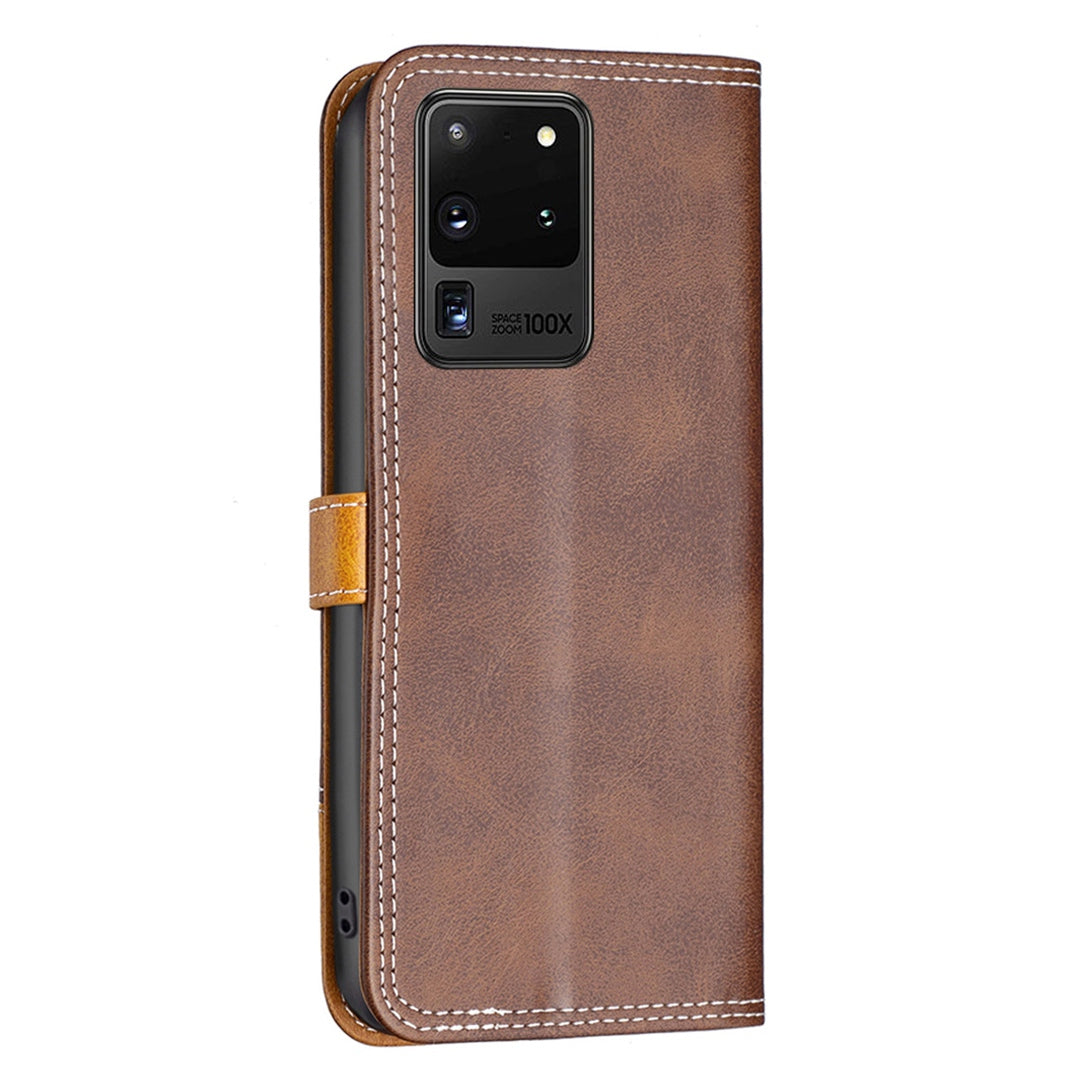 BINFEN COLOR BF Leather Series-8 for Samsung Galaxy S20 Ultra 12 Style Double Stitching Lines Splicing Leather Phone Case Card Holder Stand Anti-wear Cover - Coffee