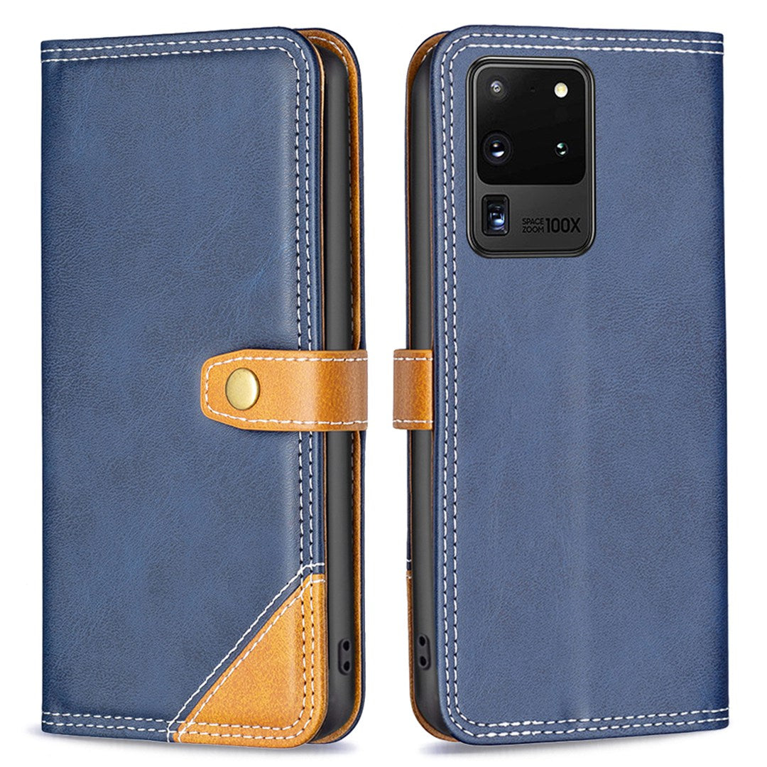 BINFEN COLOR BF Leather Series-8 for Samsung Galaxy S20 Ultra 12 Style Double Stitching Lines Splicing Leather Phone Case Card Holder Stand Anti-wear Cover - Blue