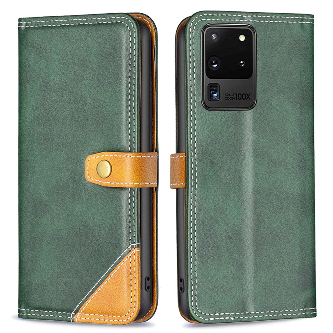 BINFEN COLOR BF Leather Series-8 for Samsung Galaxy S20 Ultra 12 Style Double Stitching Lines Splicing Leather Phone Case Card Holder Stand Anti-wear Cover - Green