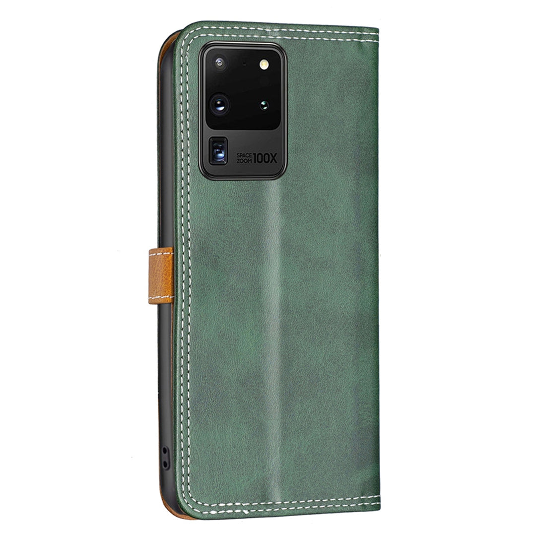 BINFEN COLOR BF Leather Series-8 for Samsung Galaxy S20 Ultra 12 Style Double Stitching Lines Splicing Leather Phone Case Card Holder Stand Anti-wear Cover - Green