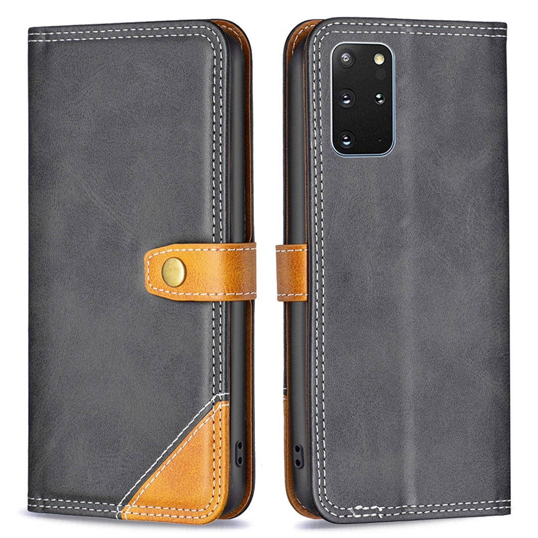 BINFEN COLOR BF Leather Series-8 for Samsung Galaxy S20 Plus 5G/4G Ultra Slim Shockproof Phone Cover 12 Style Double Stitching Lines Splicing Leather Case Card Holder Stand - Black