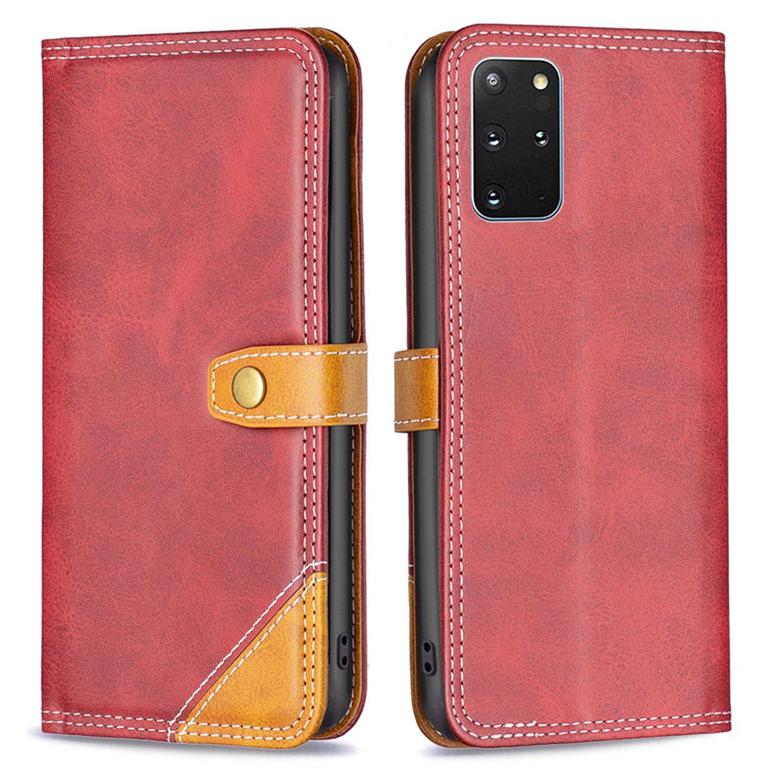 BINFEN COLOR BF Leather Series-8 for Samsung Galaxy S20 Plus 5G/4G Ultra Slim Shockproof Phone Cover 12 Style Double Stitching Lines Splicing Leather Case Card Holder Stand - Red