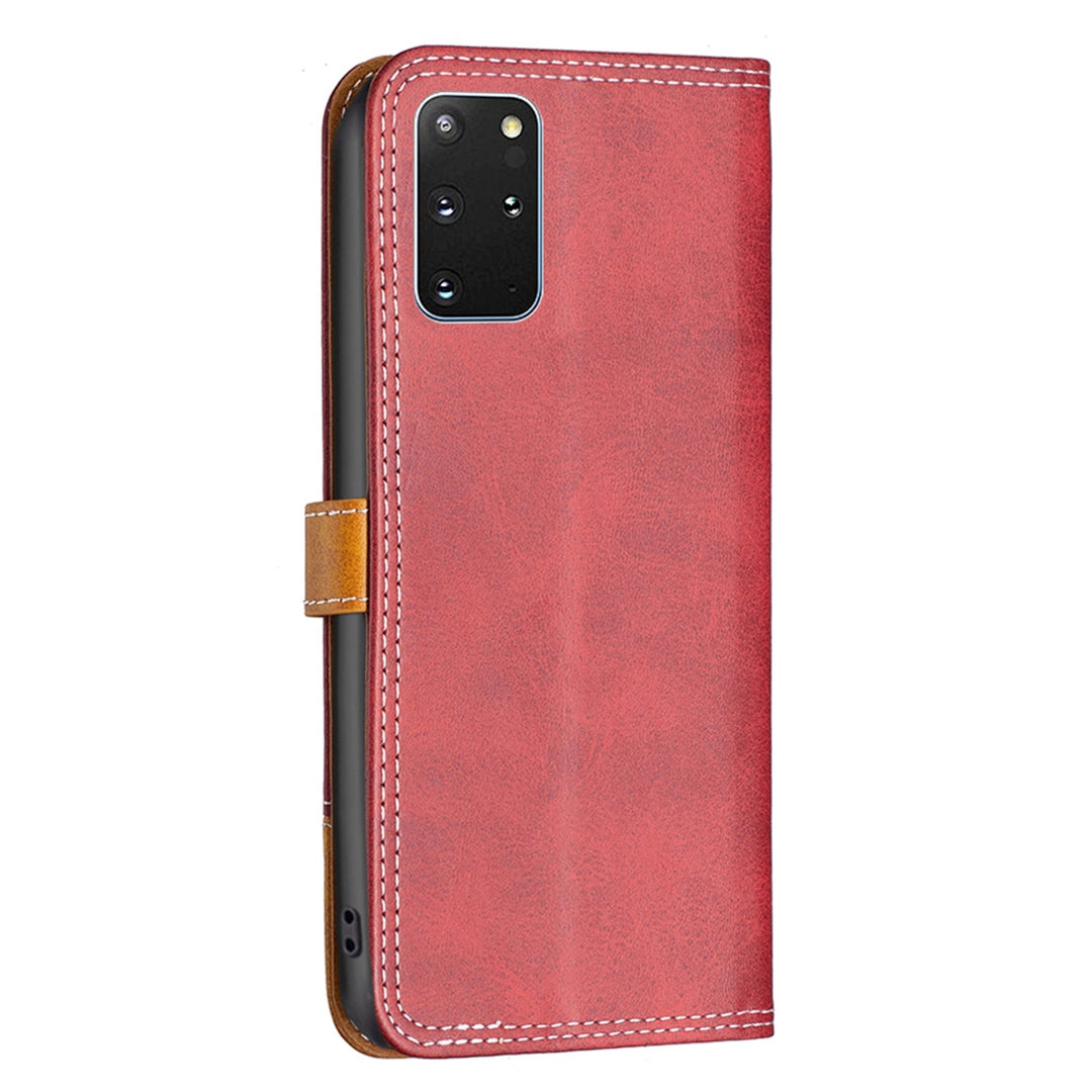 BINFEN COLOR BF Leather Series-8 for Samsung Galaxy S20 Plus 5G/4G Ultra Slim Shockproof Phone Cover 12 Style Double Stitching Lines Splicing Leather Case Card Holder Stand - Red