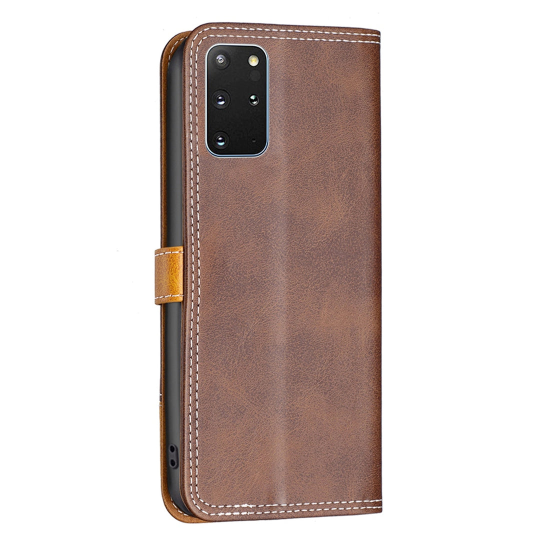 BINFEN COLOR BF Leather Series-8 for Samsung Galaxy S20 Plus 5G/4G Ultra Slim Shockproof Phone Cover 12 Style Double Stitching Lines Splicing Leather Case Card Holder Stand - Coffee