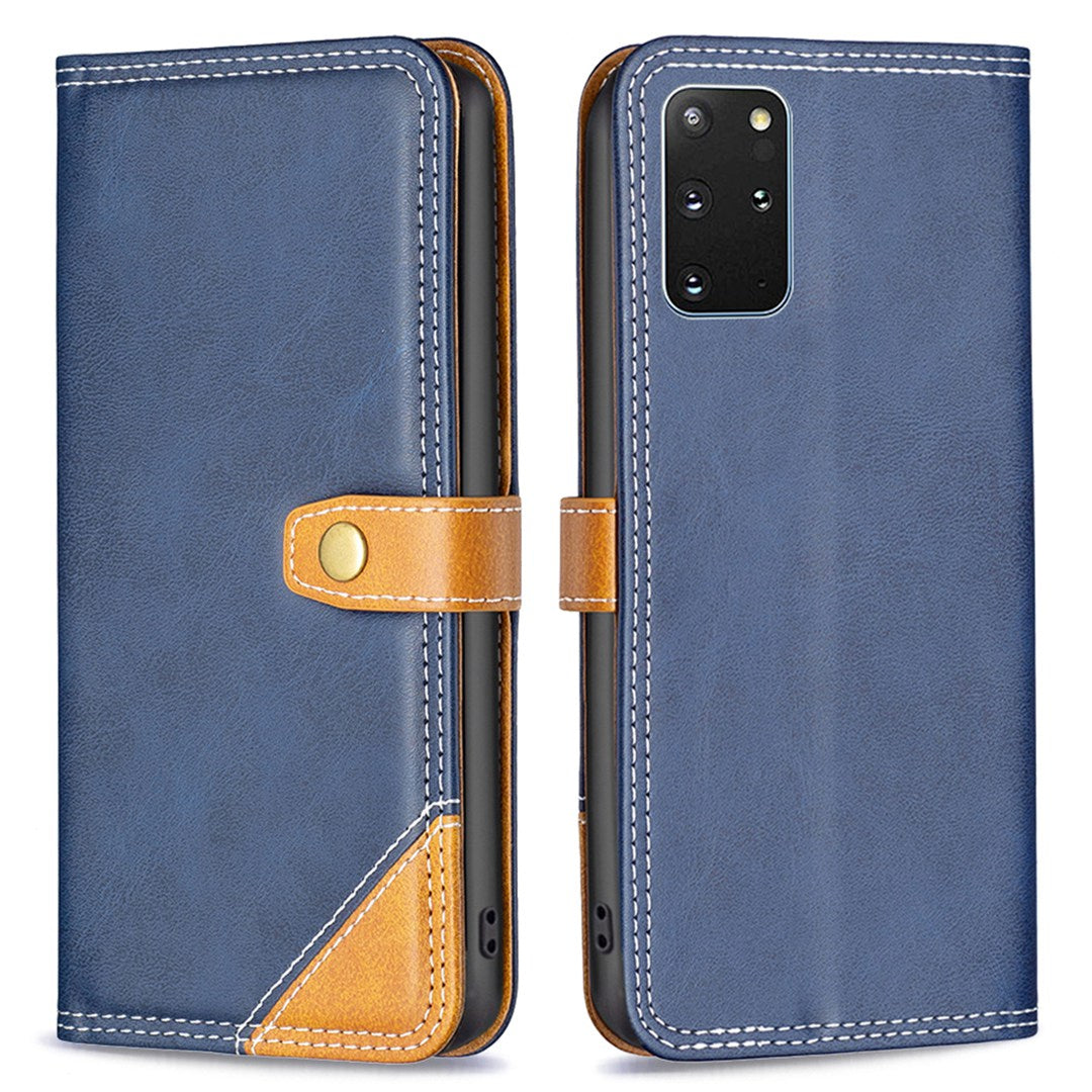 BINFEN COLOR BF Leather Series-8 for Samsung Galaxy S20 Plus 5G/4G Ultra Slim Shockproof Phone Cover 12 Style Double Stitching Lines Splicing Leather Case Card Holder Stand - Blue