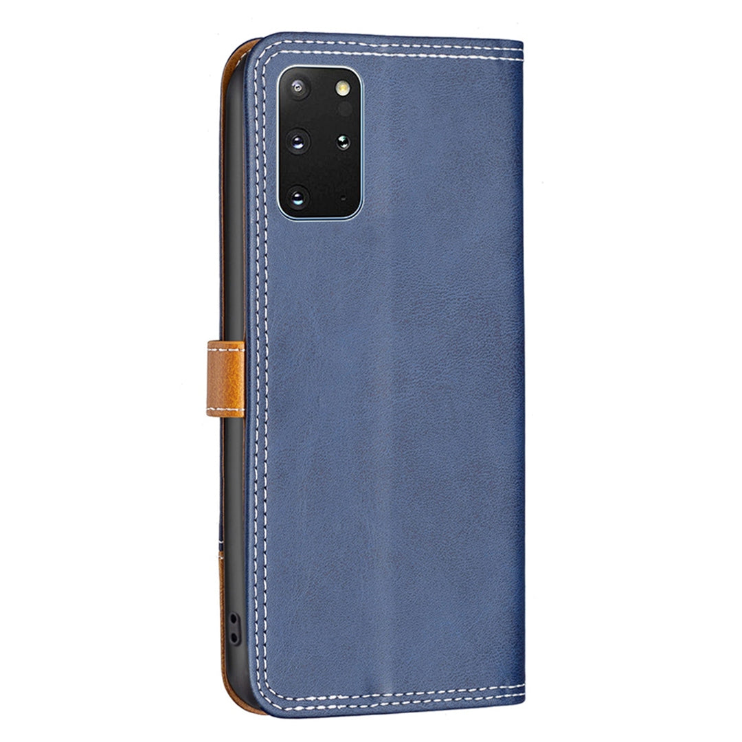 BINFEN COLOR BF Leather Series-8 for Samsung Galaxy S20 Plus 5G/4G Ultra Slim Shockproof Phone Cover 12 Style Double Stitching Lines Splicing Leather Case Card Holder Stand - Blue