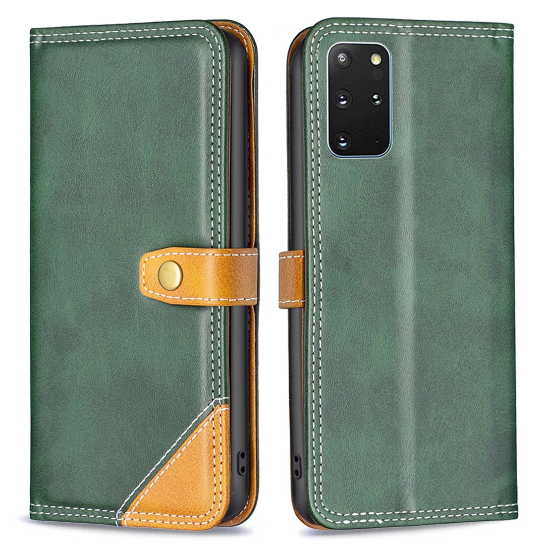 BINFEN COLOR BF Leather Series-8 for Samsung Galaxy S20 Plus 5G/4G Ultra Slim Shockproof Phone Cover 12 Style Double Stitching Lines Splicing Leather Case Card Holder Stand - Green