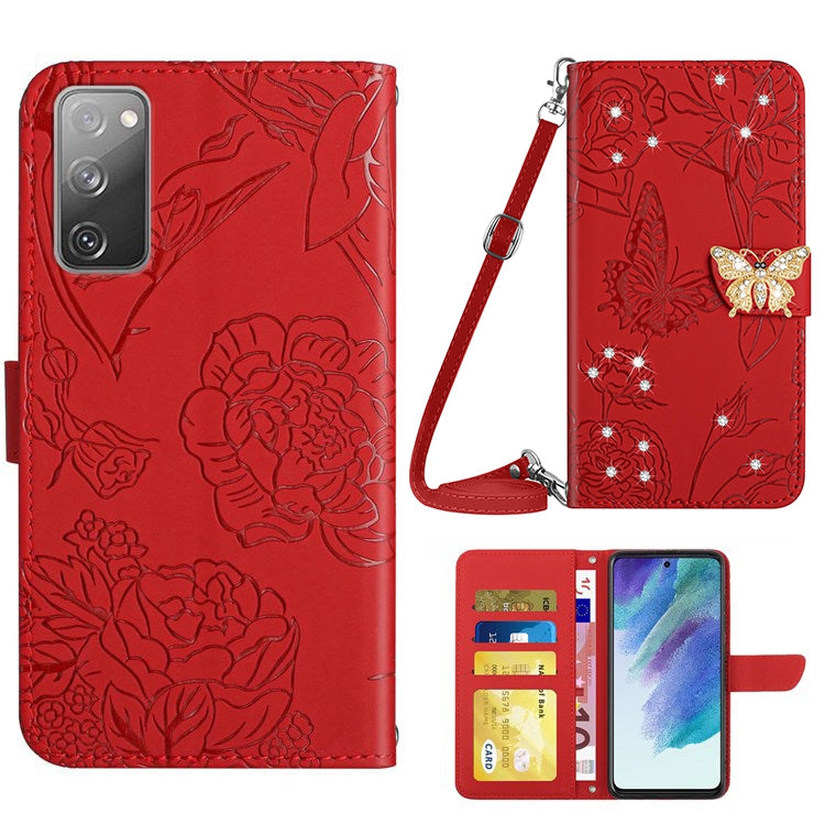 For Samsung Galaxy S20 FE / S20 FE 5G / S20 FE 2022 / S20 Lite Rhinestone Decor Leather Case Butterfly Flowers Imprinted Phone Stand Wallet Cover with Shoulder Strap - Red